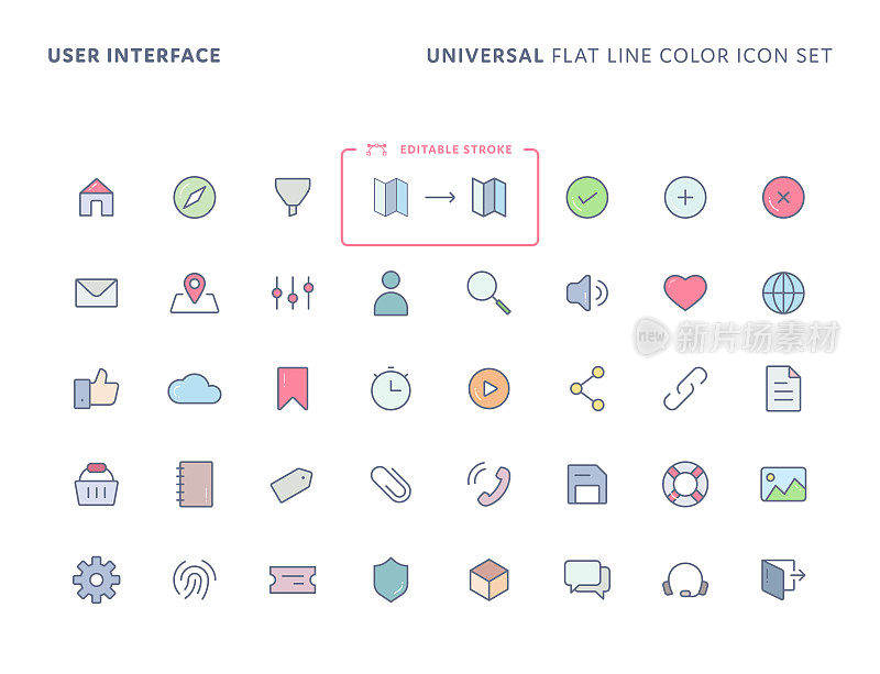用户界面通用颜色平线图标设置与可编辑的笔画。图标适用于网页，手机应用，UI, UX和GUI设计。